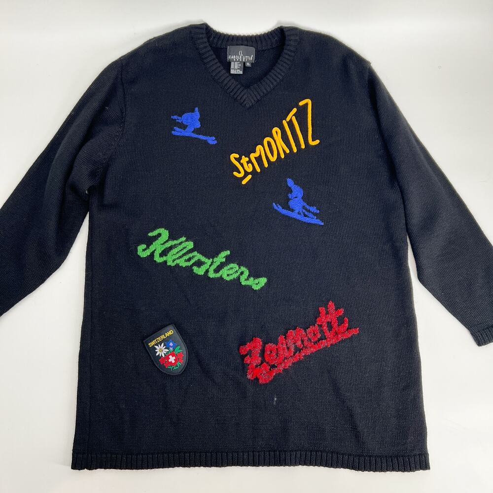 Vintage 90s Carole Little Sport Ski Sweater Women XL Black Wool Blend St Moritz
